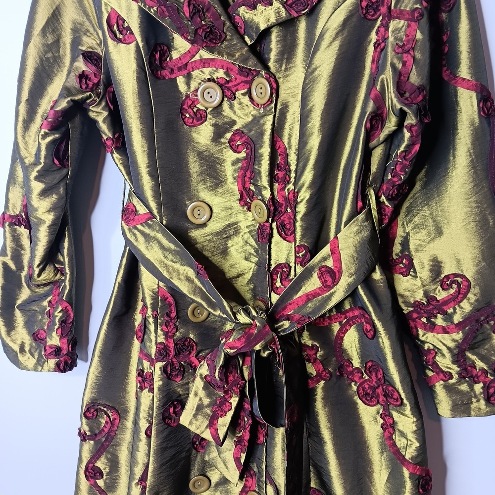 VTG Trench Coat M Green Red Rosette Double Breasted Avant Garde Runway Couture - Picture 3 of 11
